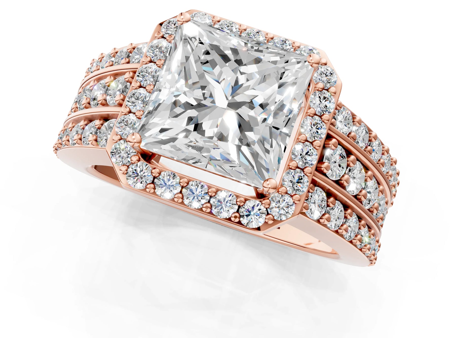 Princess Cut Diamond Halo Engagement Ring in Rose gold with Triple-Row Round Band_19