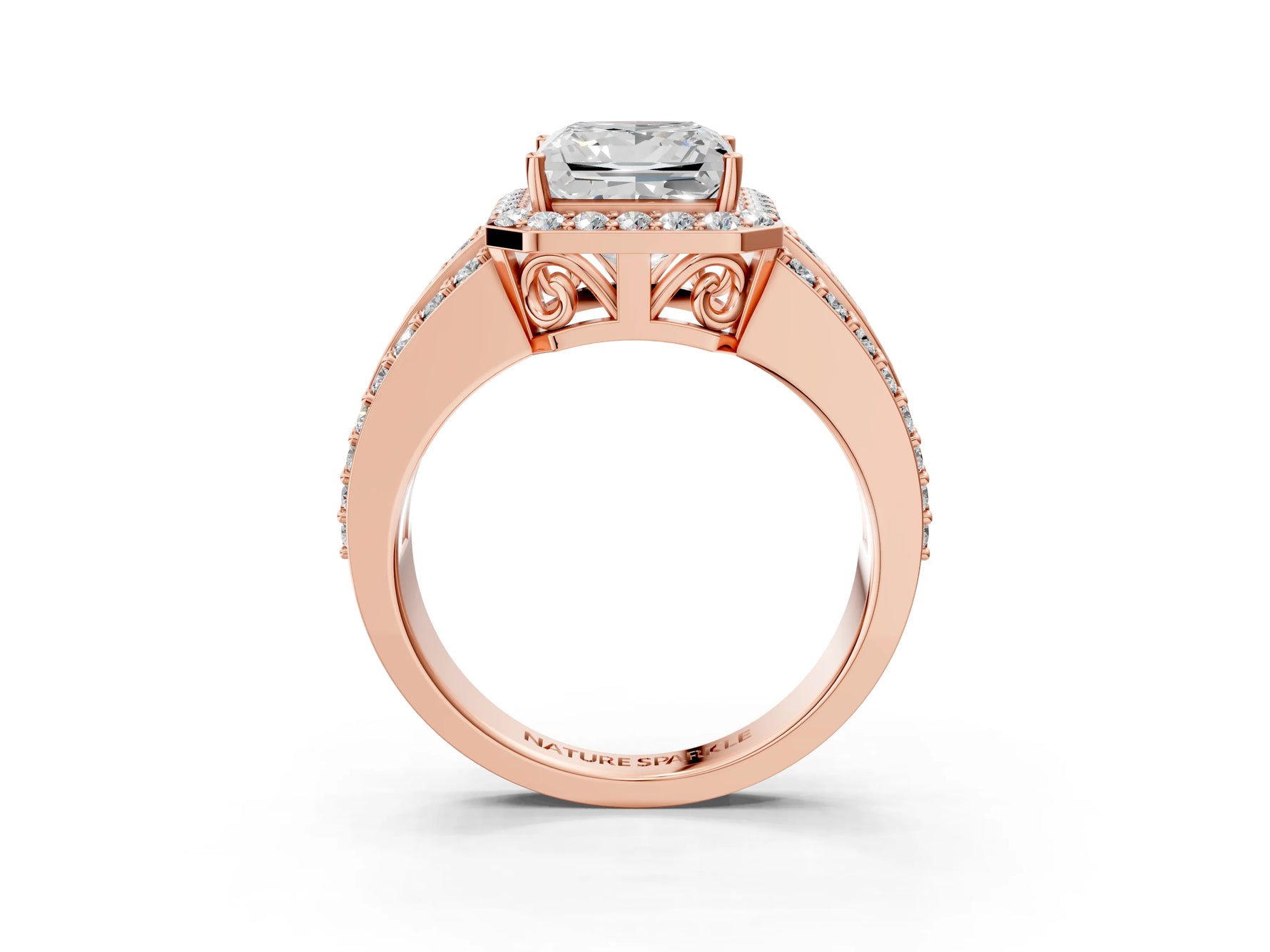 Princess Cut Diamond Halo Engagement Ring in Rose gold with Triple-Row Round Band_21