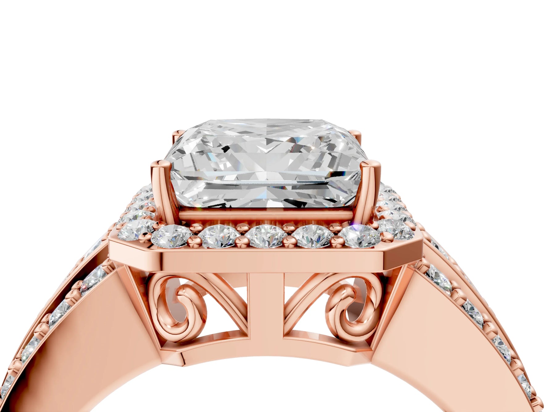 Princess Cut Diamond Halo Engagement Ring in Rose gold with Triple-Row Round Band_22