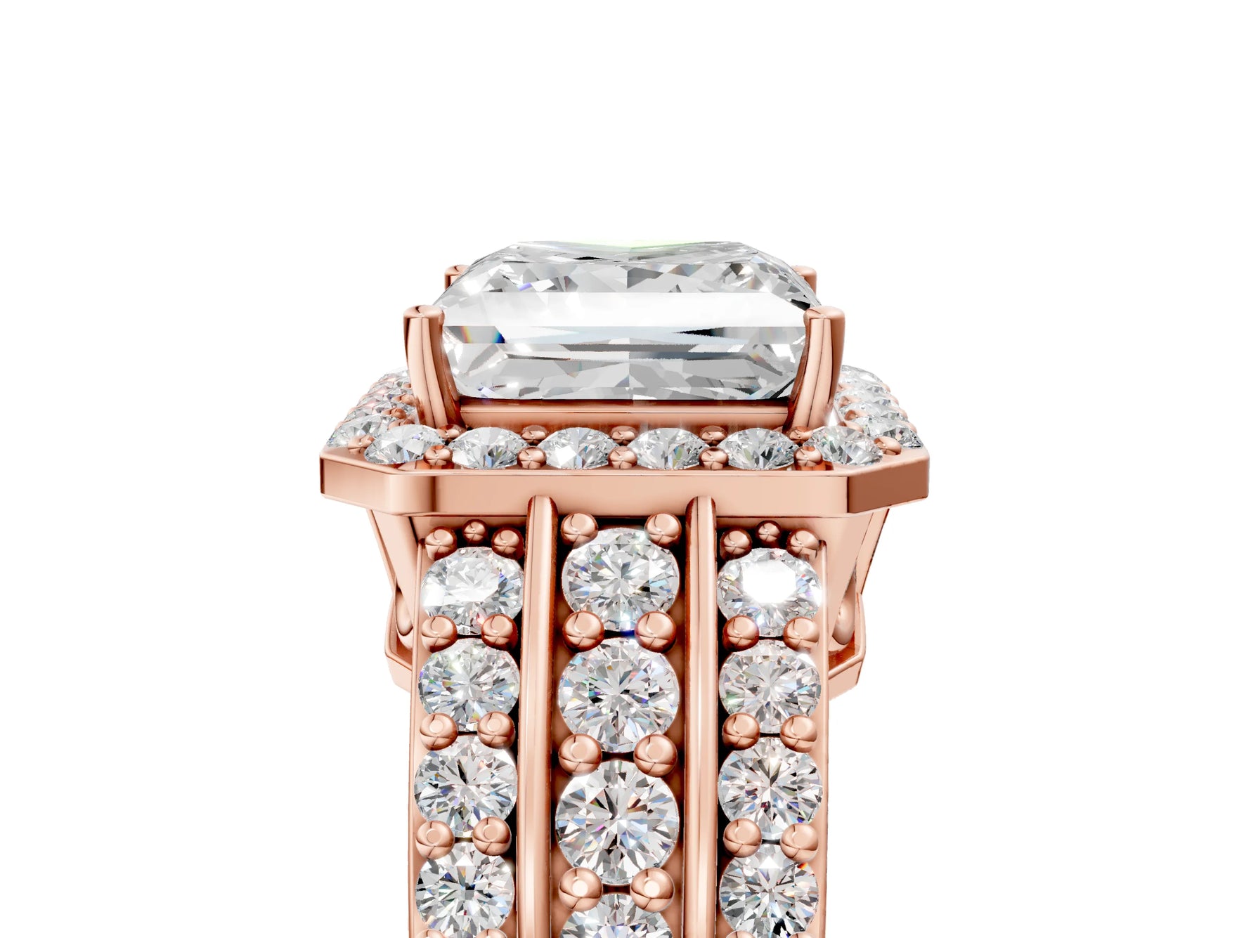 Princess Cut Diamond Halo Engagement Ring in Rose gold with Triple-Row Round Band_23