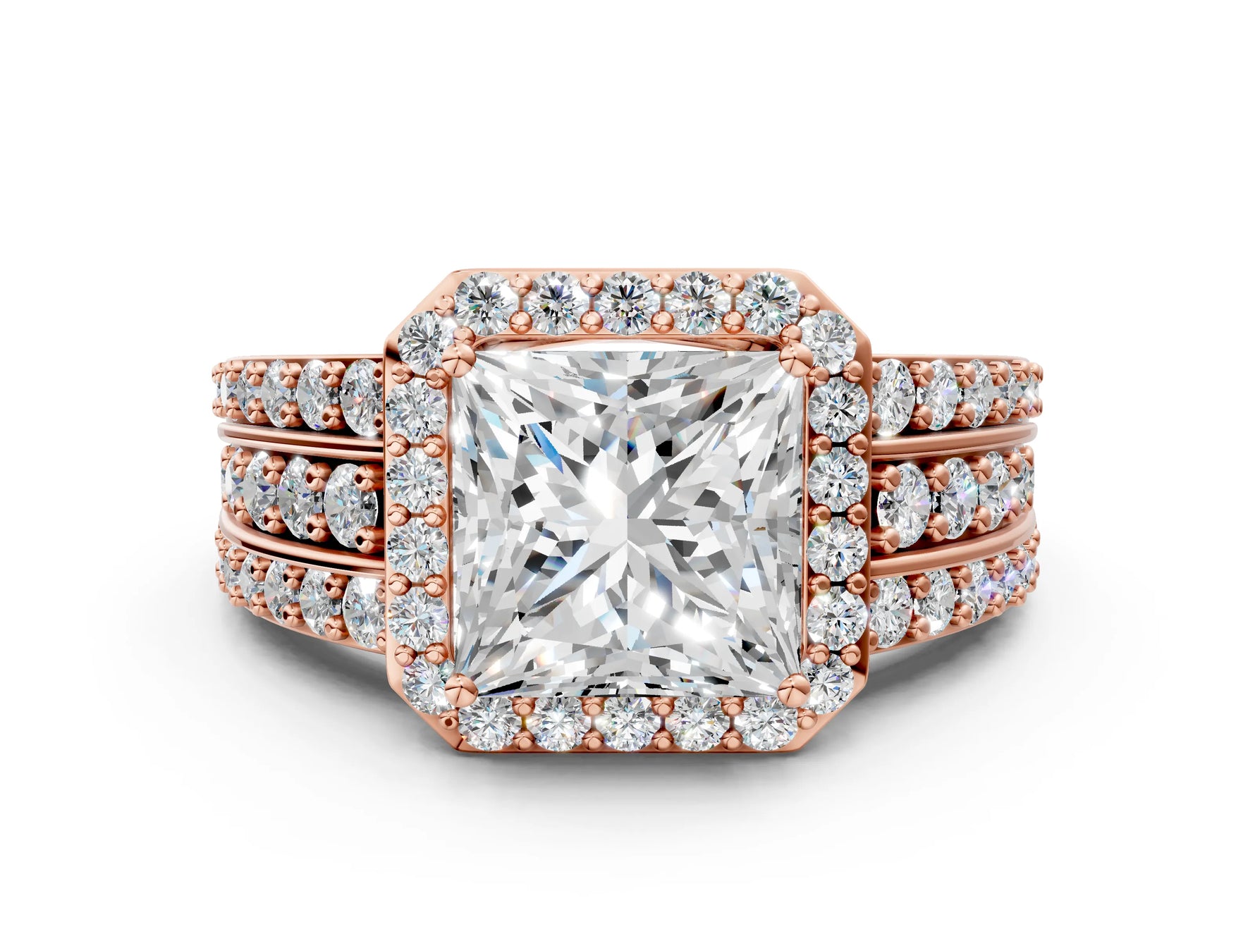 Princess Cut Diamond Halo Engagement Ring in Rose gold with Triple-Row Round Band_24