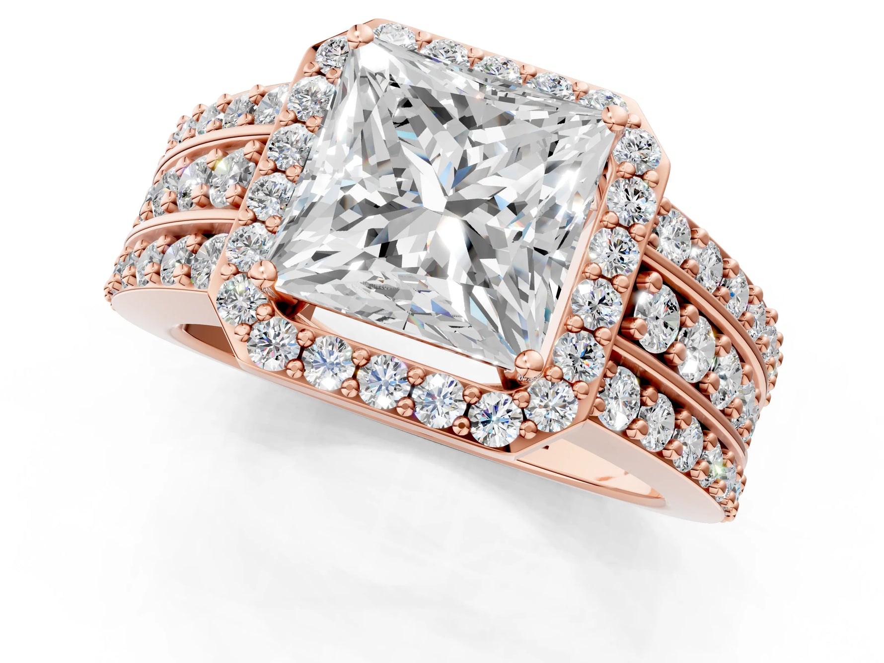 Princess Cut Diamond Halo Engagement Ring in Rose gold with Triple-Row Round Band_25
