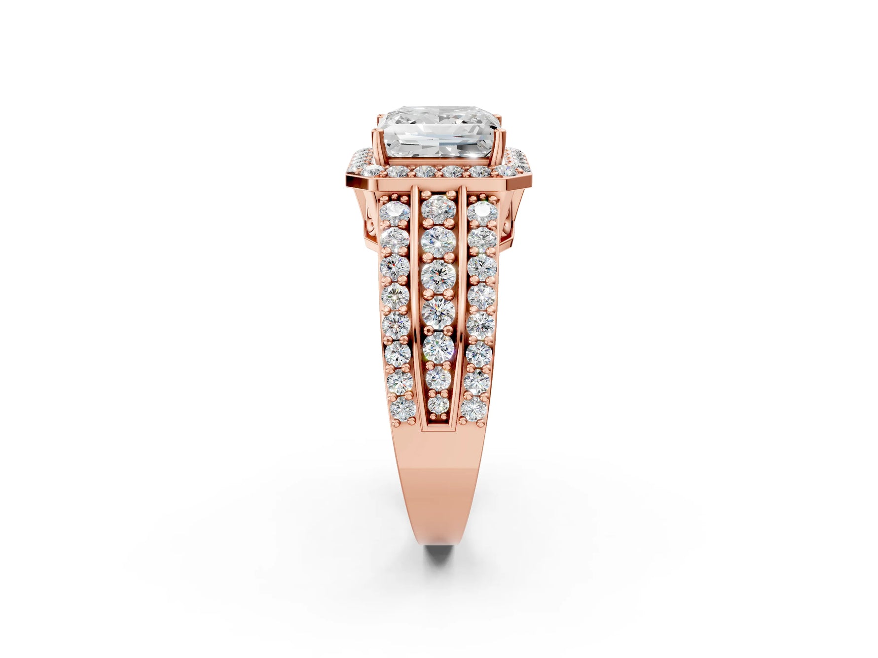 Princess Cut Diamond Halo Engagement Ring in Rose gold with Triple-Row Round Band_26