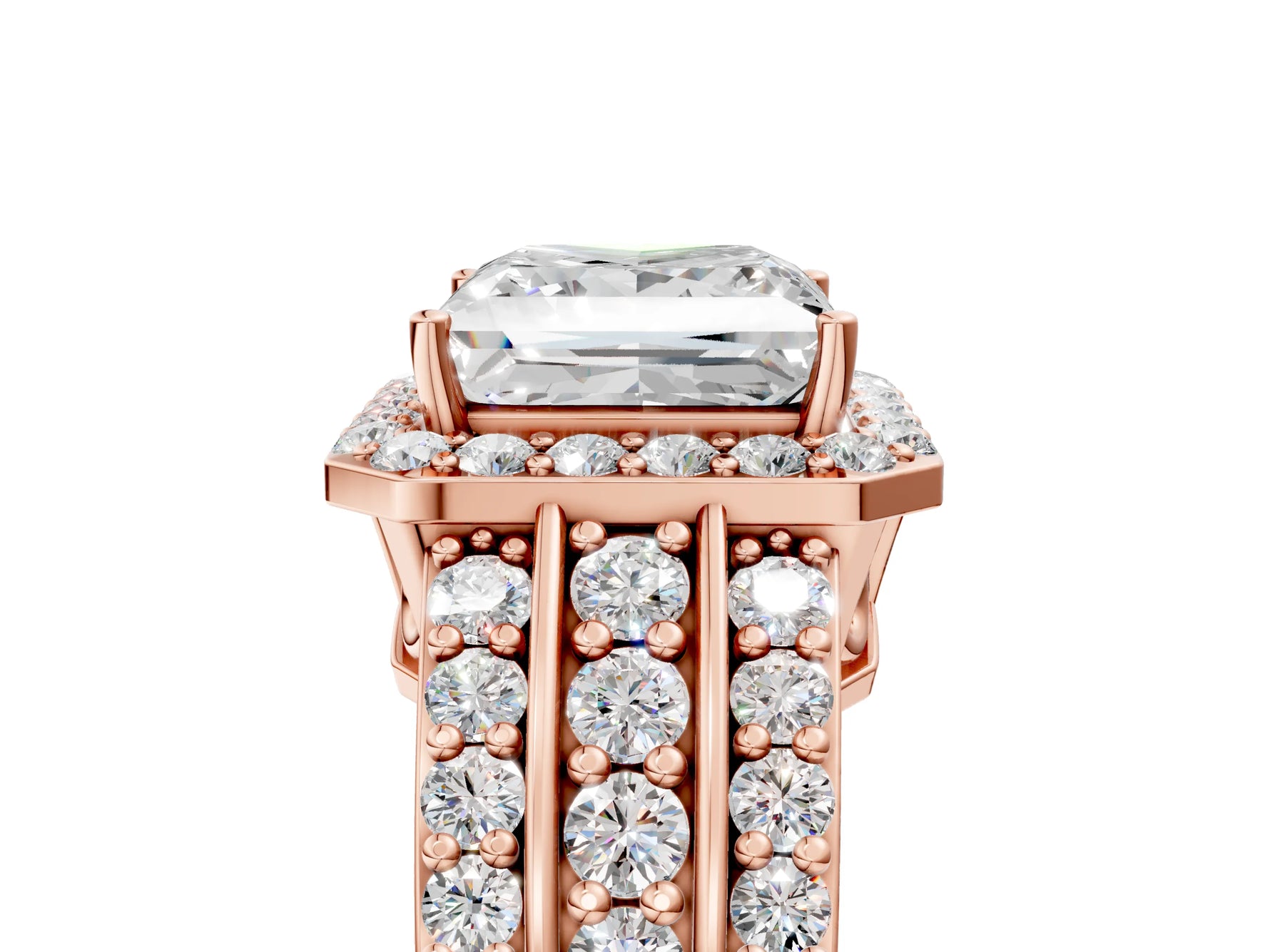 Princess Cut Diamond Halo Engagement Ring in Rose gold with Triple-Row Round Band_29