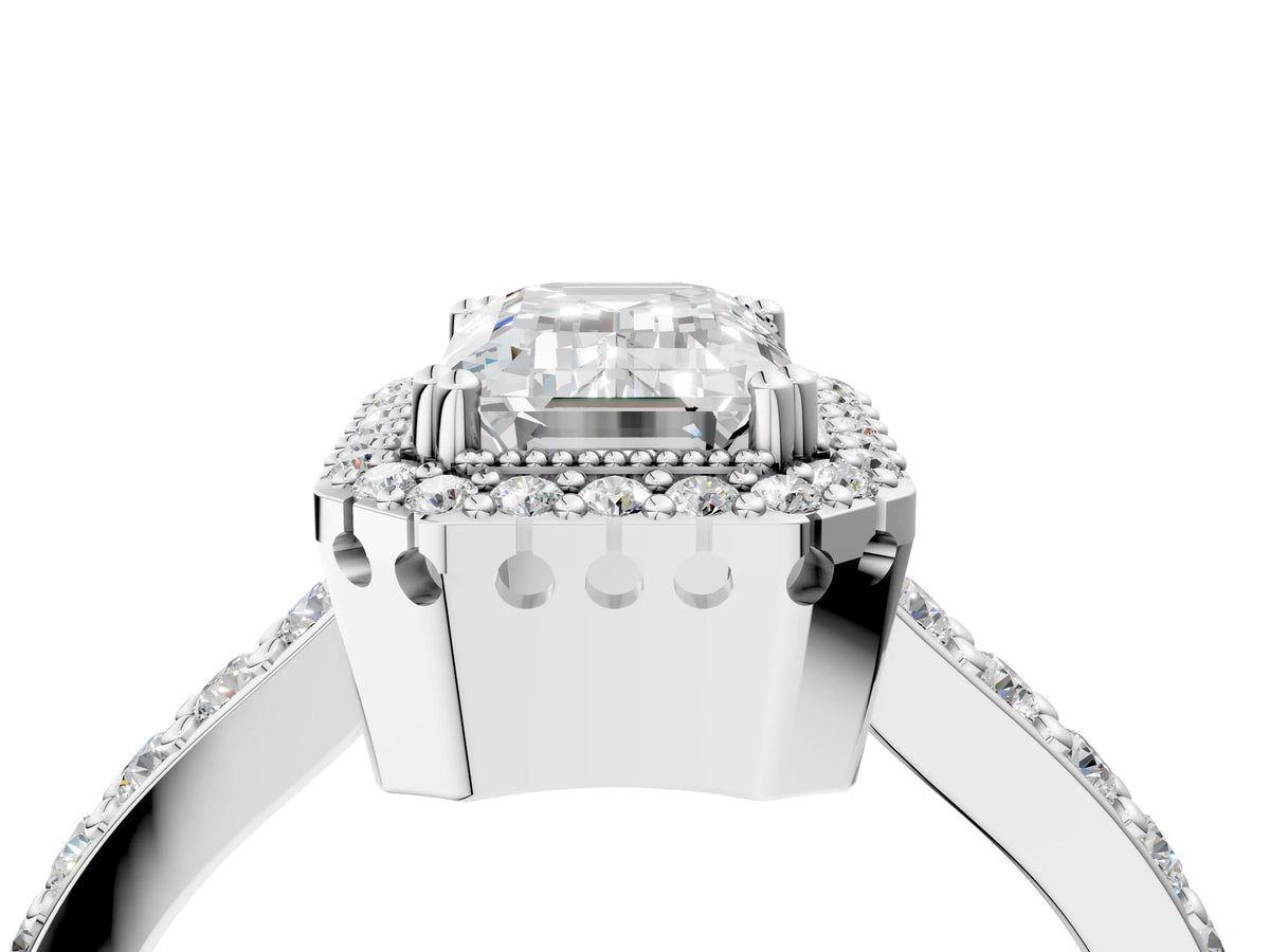 Princess Cut Diamond Halo Engagement Ring in White gold with Milgrain Detail and Pavé Band_70