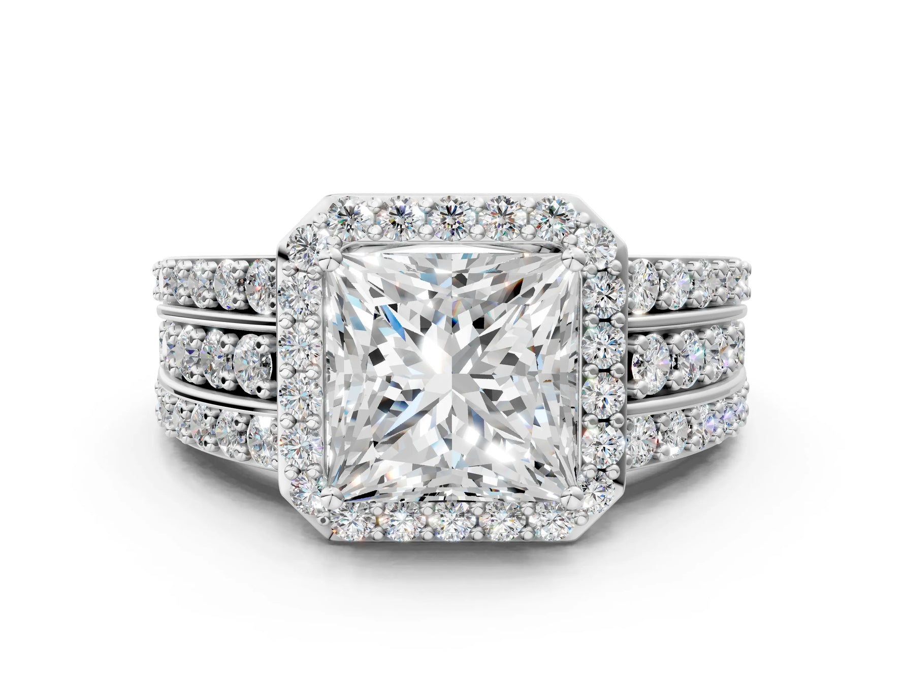 Princess Cut Diamond Halo Engagement Ring in White gold with Triple-Row Round Band_18