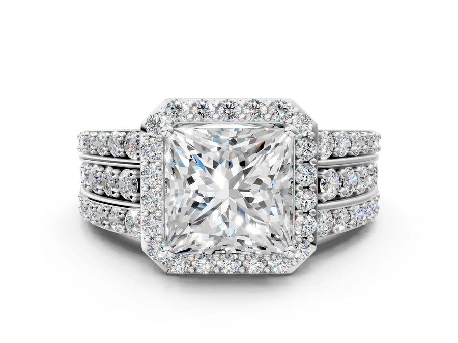 Princess Cut Diamond Halo Engagement Ring in White gold with Triple-Row Round Band
