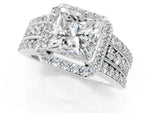 Princess Cut Diamond Halo Engagement Ring in White gold with Triple-Row Round Band_19