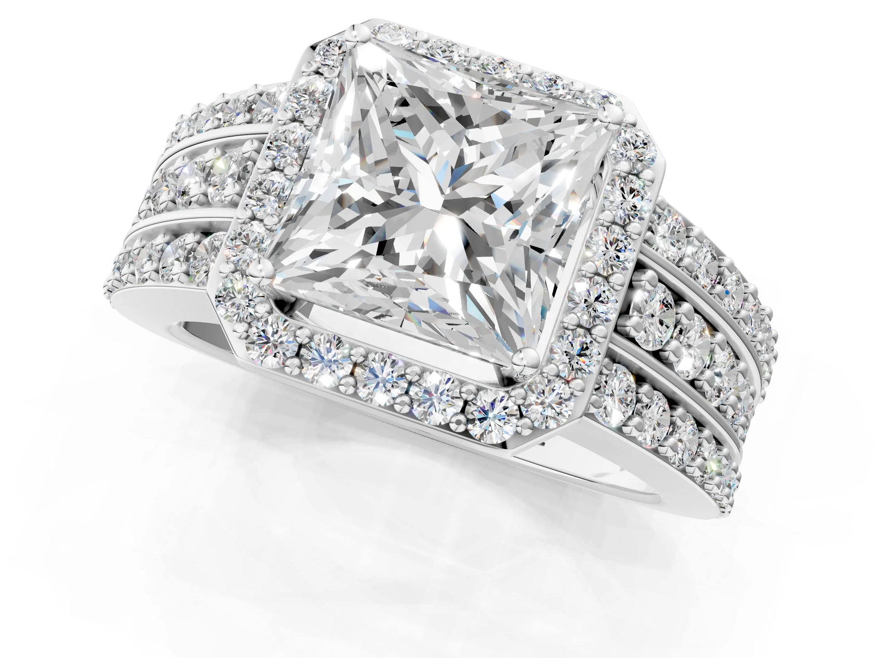 Princess Cut Diamond Halo Engagement Ring in White gold with Triple-Row Round Band_19