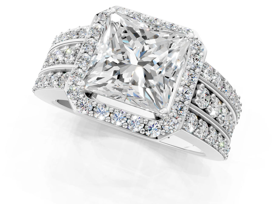 Princess Cut Diamond Halo Engagement Ring in Silver with Triple-Row Round Band