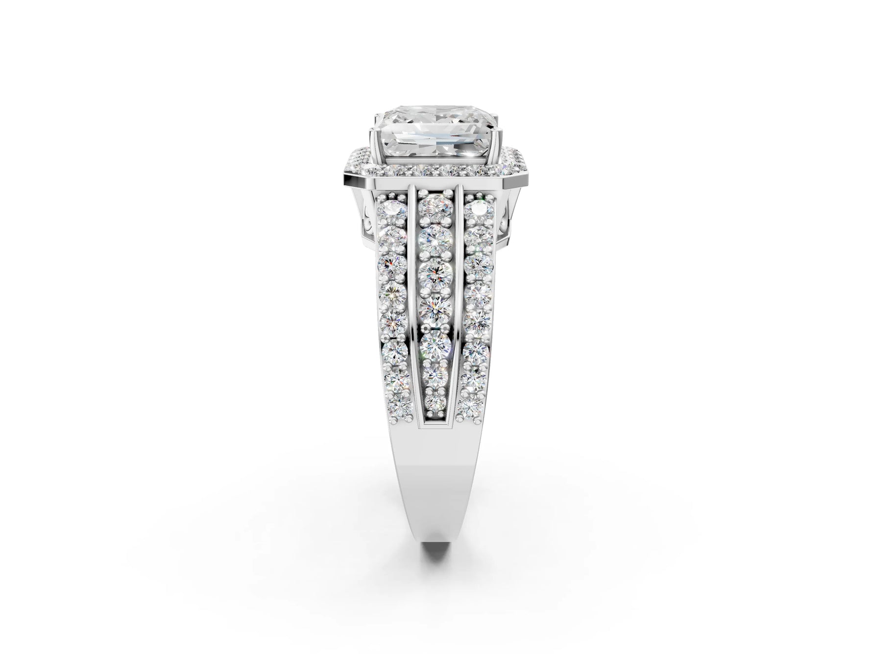 Princess Cut Diamond Halo Engagement Ring in White gold with Triple-Row Round Band_20