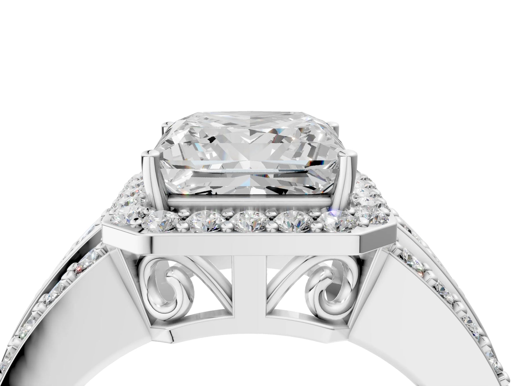 Princess Cut Diamond Halo Engagement Ring in White gold with Triple-Row Round Band_22