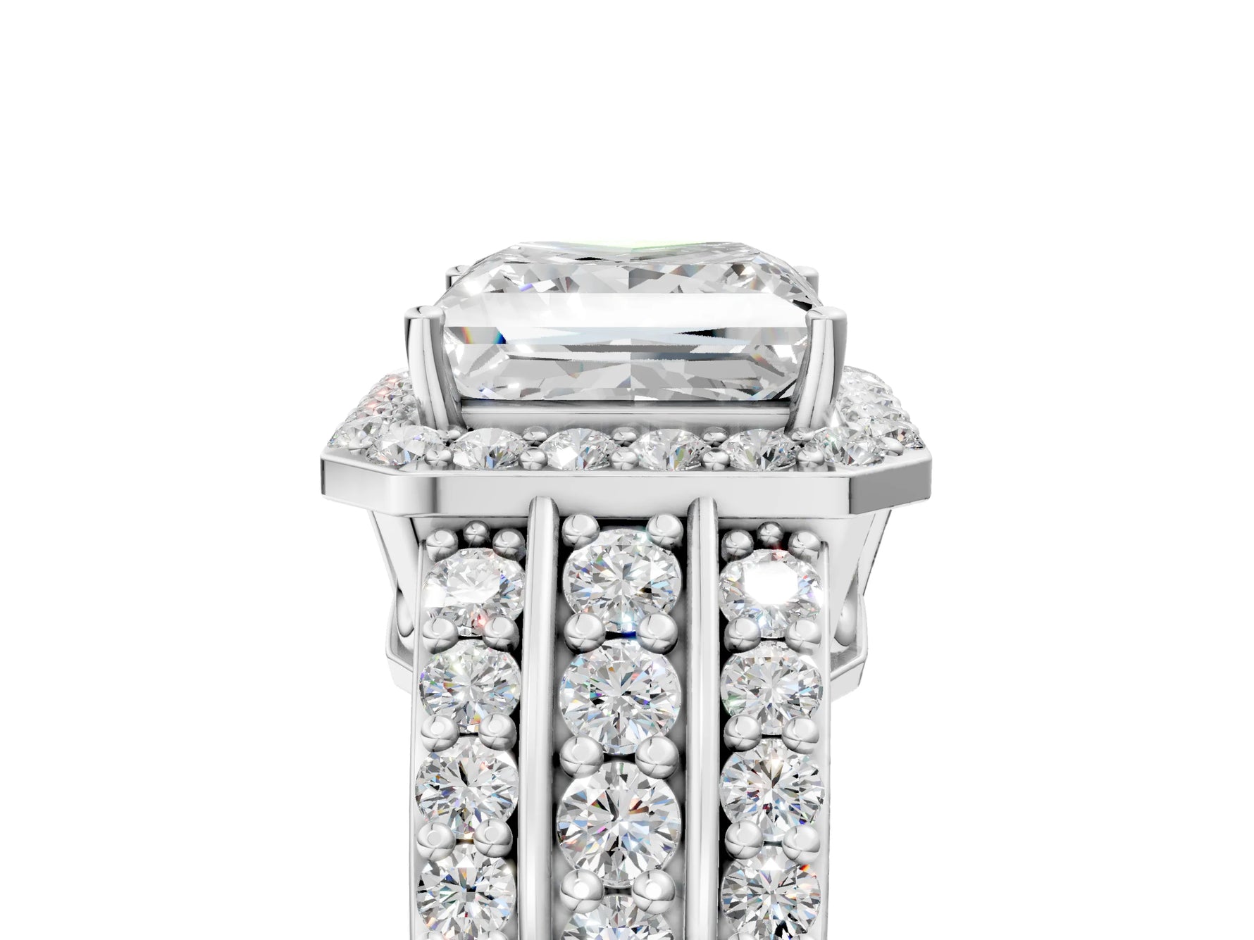 Princess Cut Diamond Halo Engagement Ring in White gold with Triple-Row Round Band_23