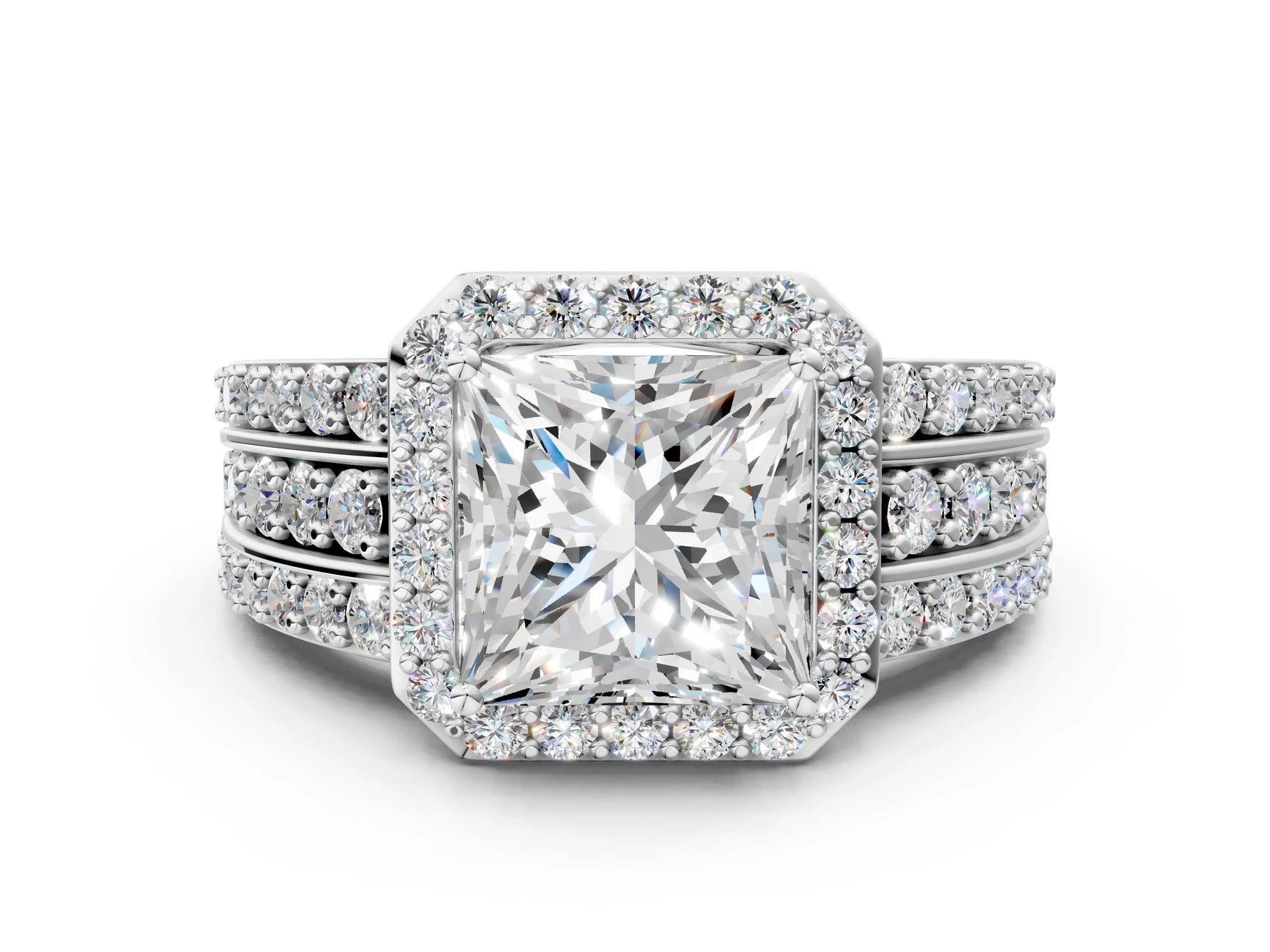 Princess Cut Diamond Halo Engagement Ring in White gold with Triple-Row Round Band_24