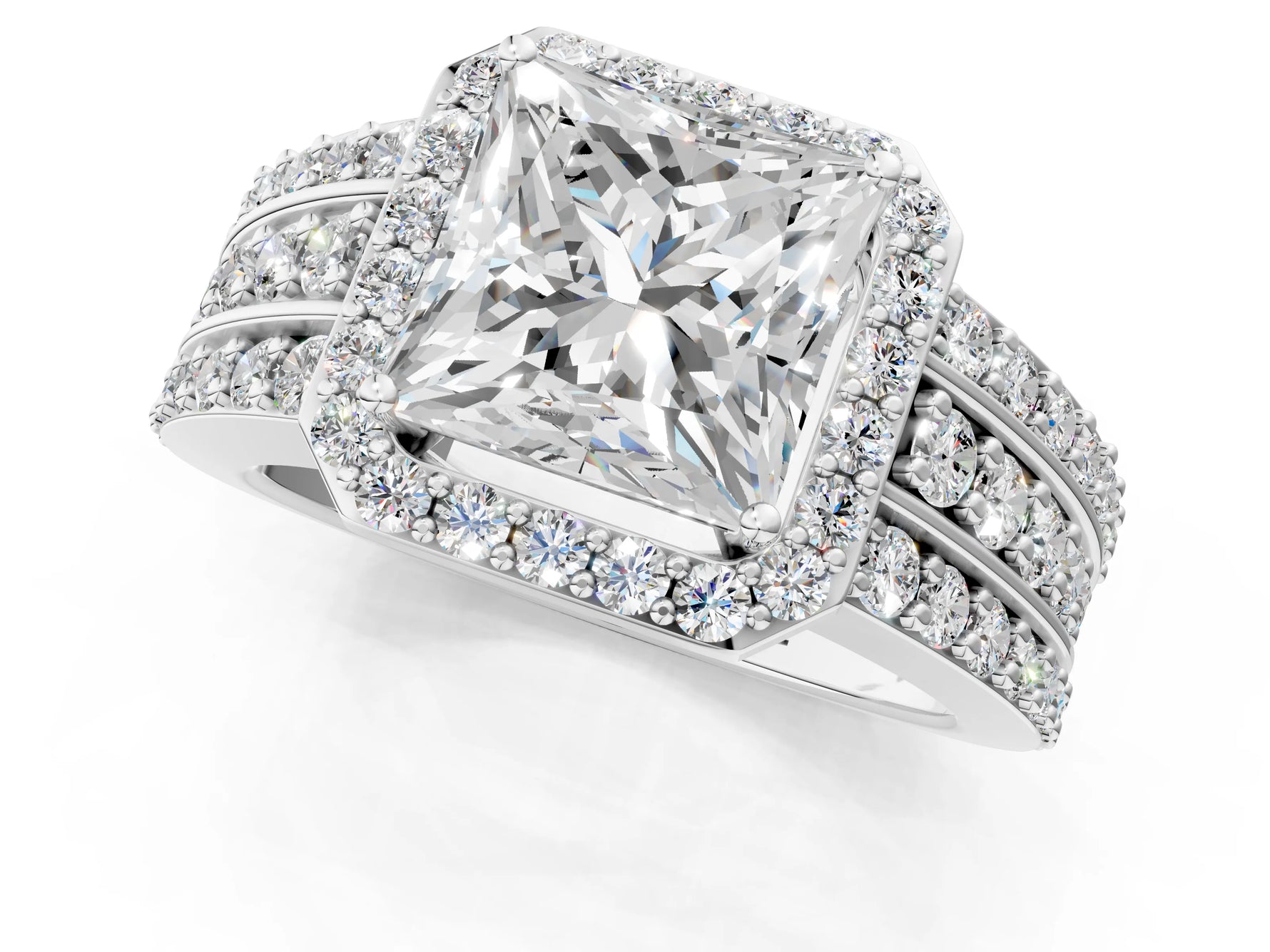 Princess Cut Diamond Halo Engagement Ring in White gold with Triple-Row Round Band_25