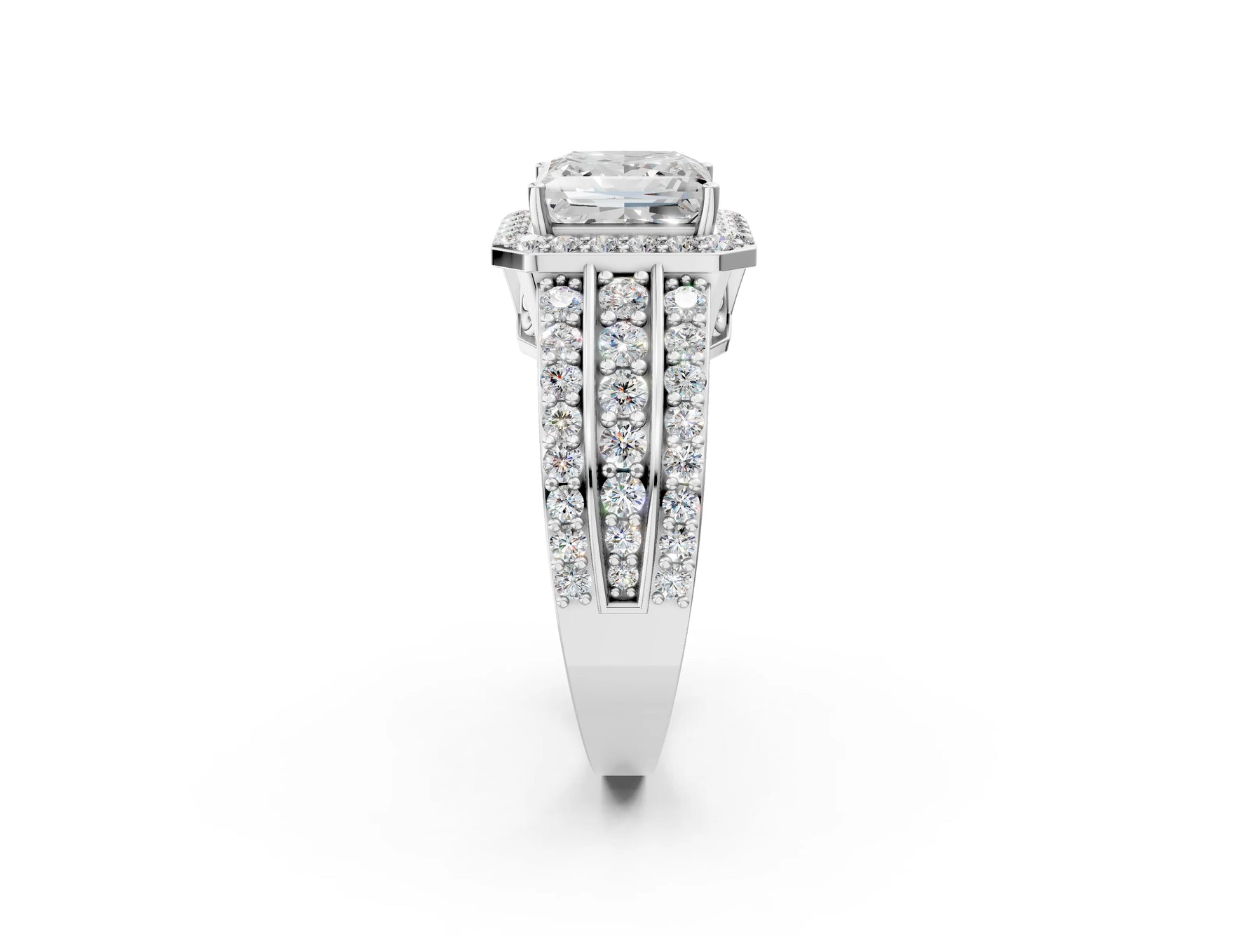 Princess Cut Diamond Halo Engagement Ring in White gold with Triple-Row Round Band_26