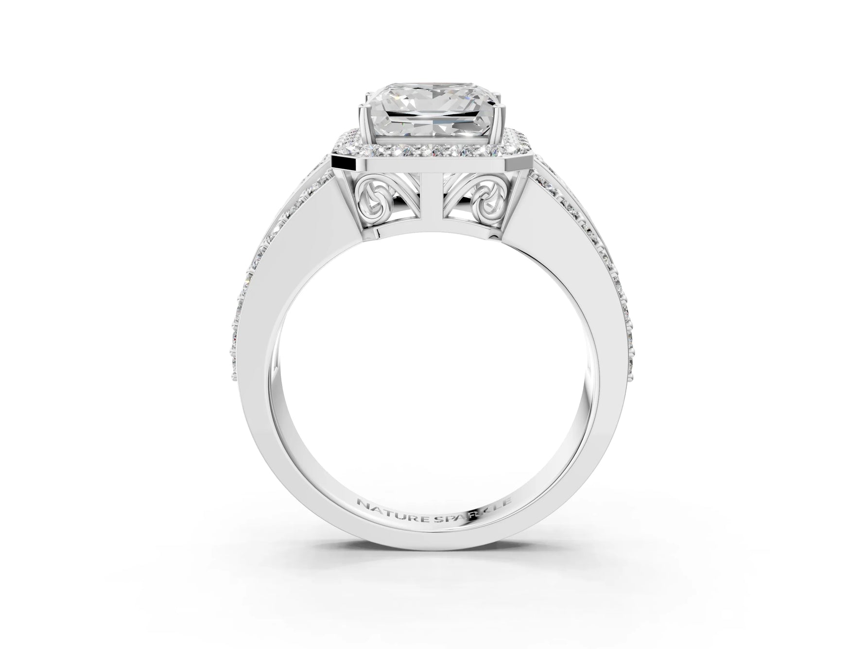 Princess Cut Diamond Halo Engagement Ring in White gold with Triple-Row Round Band_27