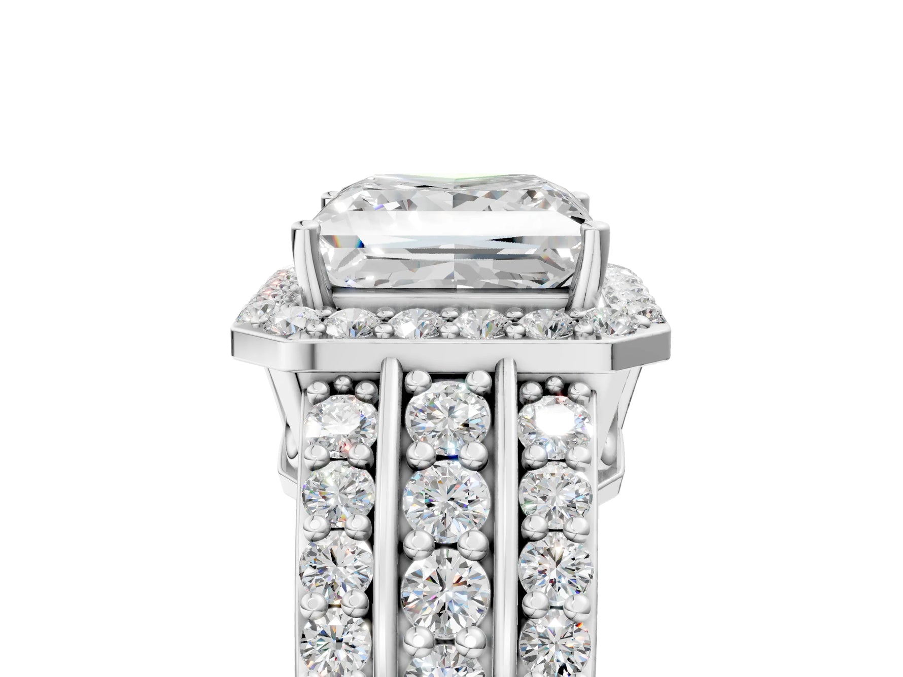 Princess Cut Diamond Halo Engagement Ring in White gold with Triple-Row Round Band_29