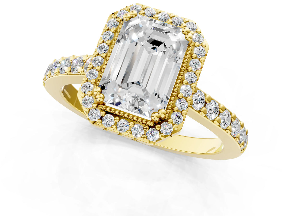 Princess Cut Diamond Halo Engagement Ring in Yellow gold with Milgrain Detail and Pavé Band_1