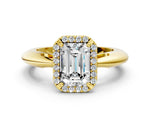 Princess Cut Diamond Halo Engagement Ring in Yellow gold with Plain Split Shank and Prong Setting
