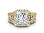 Princess Cut Diamond Halo Engagement Ring in Yellow gold with Triple-Row Round Band_12