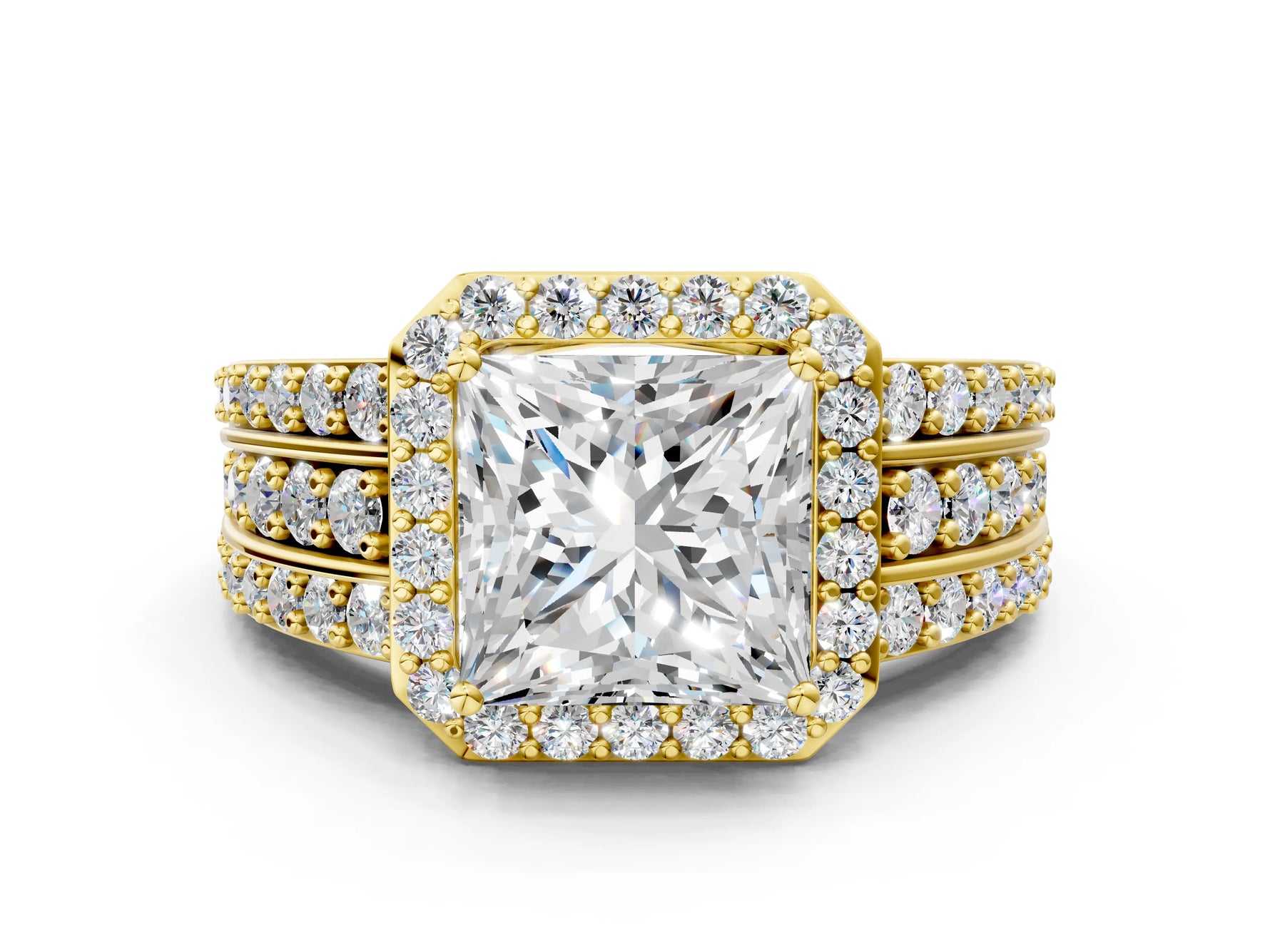Princess Cut Diamond Halo Engagement Ring in Yellow gold with Triple-Row Round Band_12