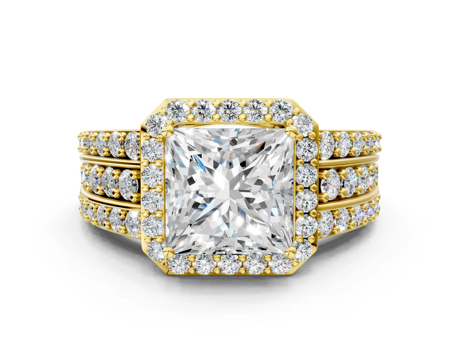 Princess Cut Diamond Halo Engagement Ring in Yellow gold with Triple-Row Round Band