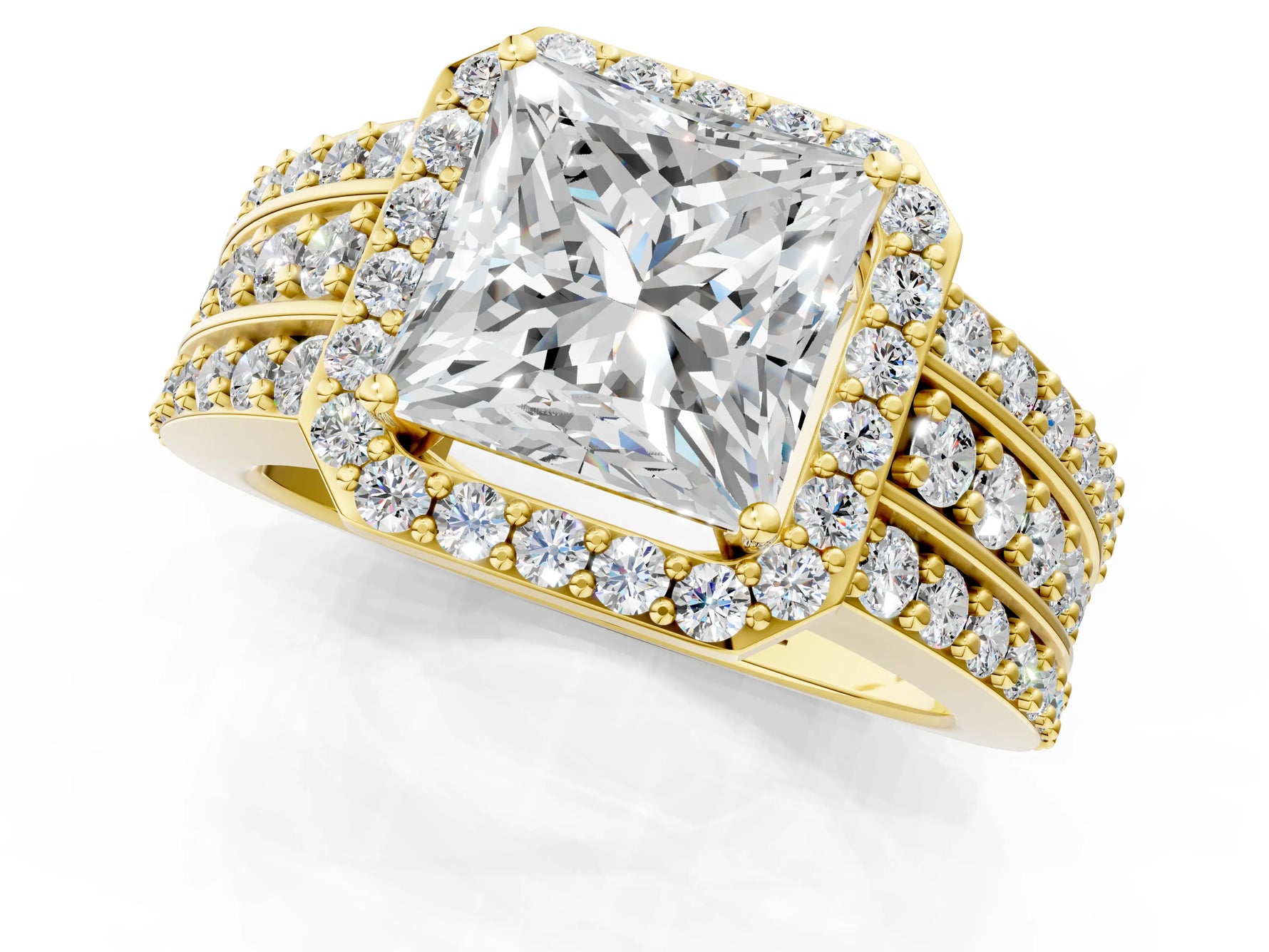 Princess Cut Diamond Halo Engagement Ring in Yellow gold with Triple-Row Round Band_13