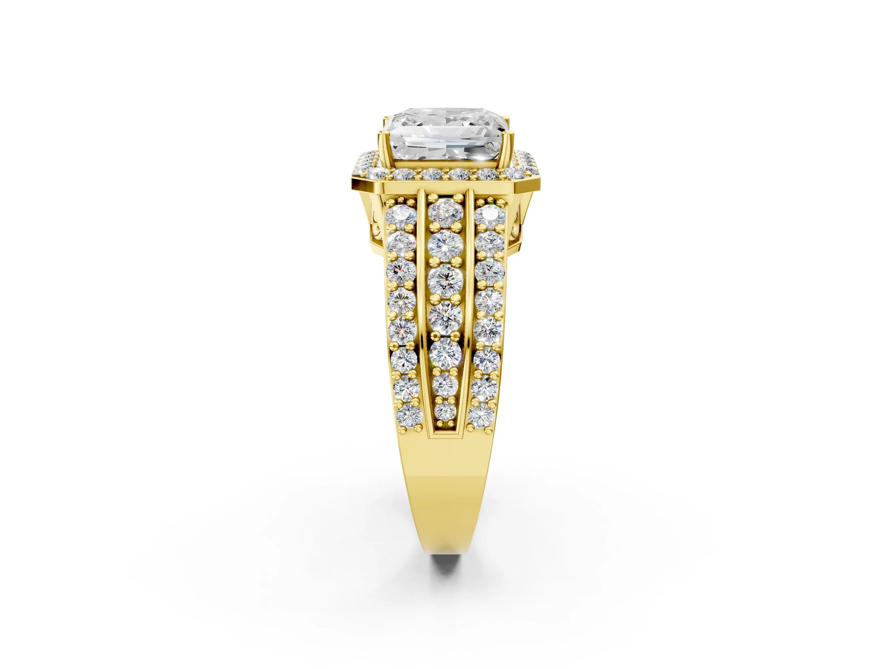 Princess Cut Diamond Halo Engagement Ring in Yellow gold with Triple-Row Round Band_14