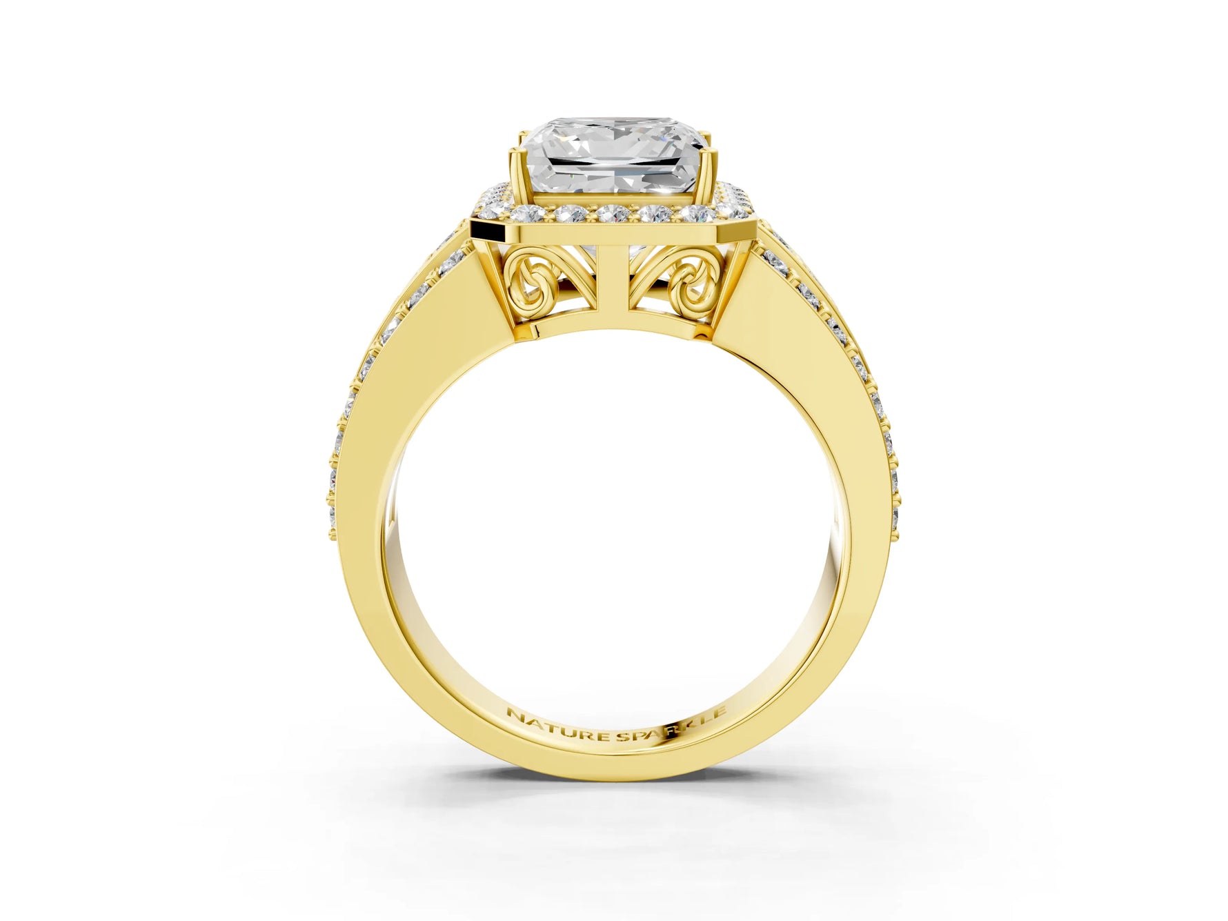 Princess Cut Diamond Halo Engagement Ring in Yellow gold with Triple-Row Round Band_15