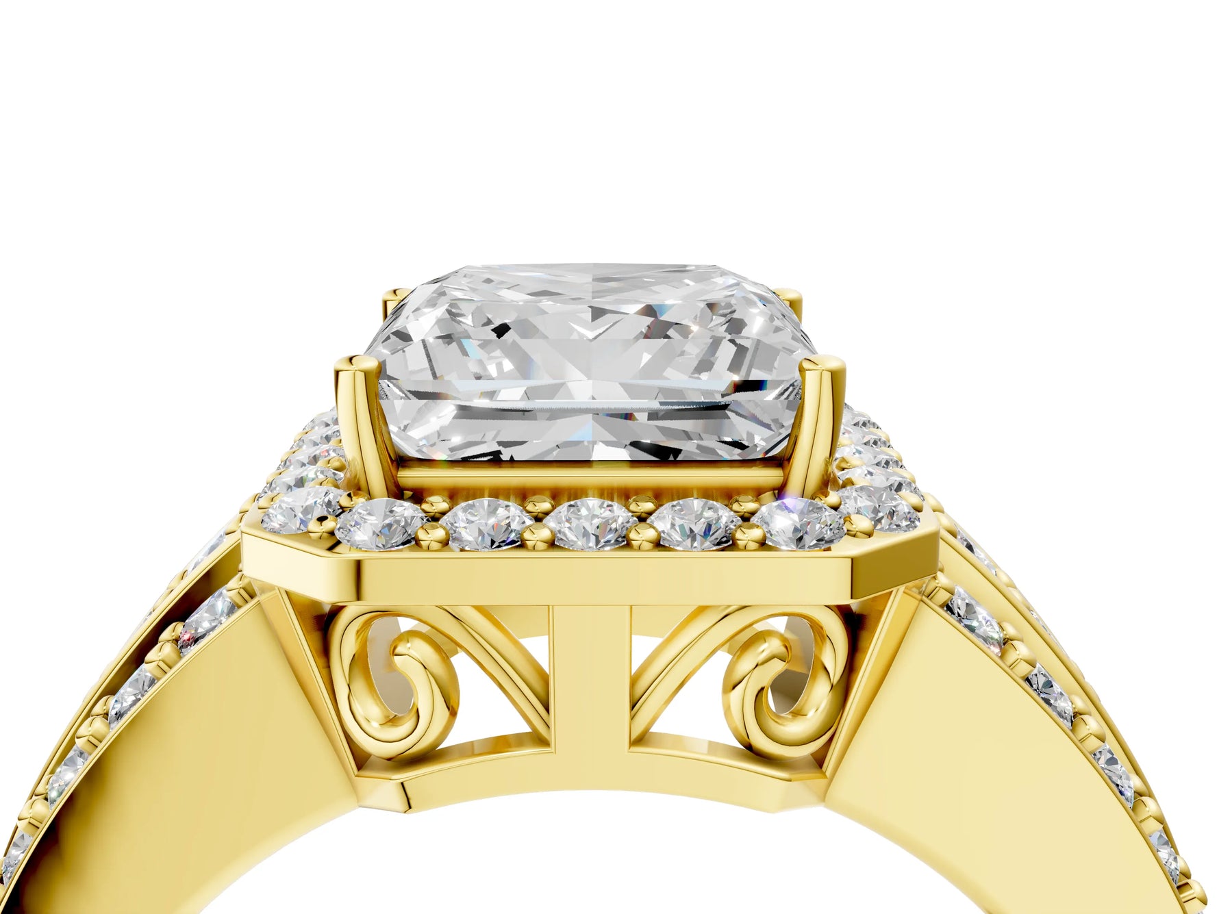 Princess Cut Diamond Halo Engagement Ring in Yellow gold with Triple-Row Round Band_16
