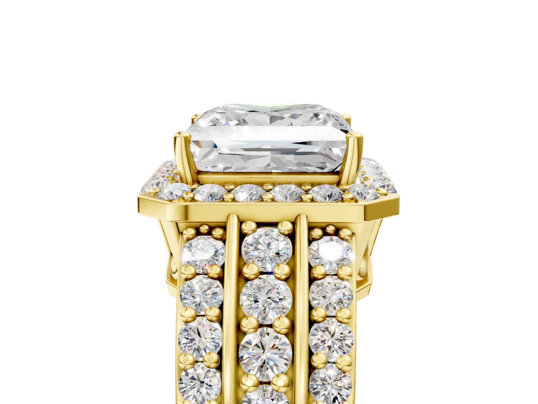 Princess Cut Diamond Halo Engagement Ring in Yellow gold with Triple-Row Round Band_17