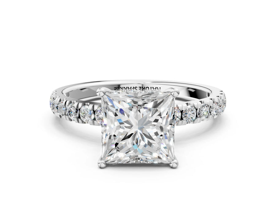 Princess Cut Diamond Hidden Halo Engagement Ring in Platinum with Round Pavé Band