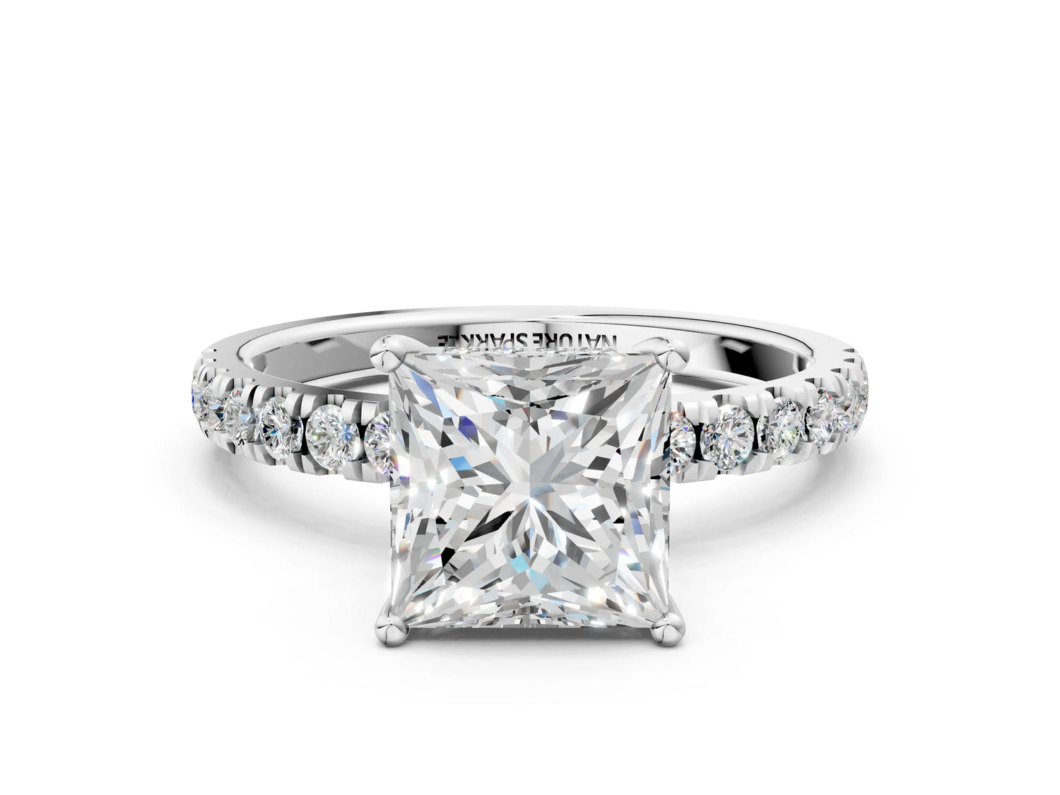 Princess Cut Diamond Hidden Halo Engagement Ring in White gold with Round Pavé Band_18