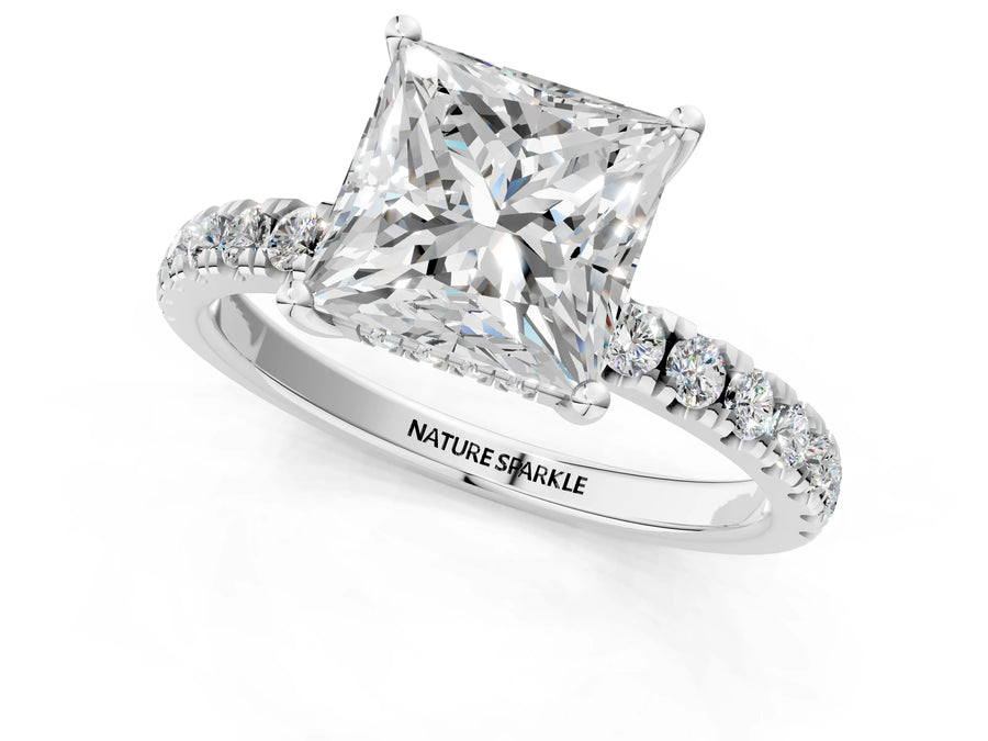 Princess Cut Diamond Hidden Halo Engagement Ring in White gold with Round Pavé Band