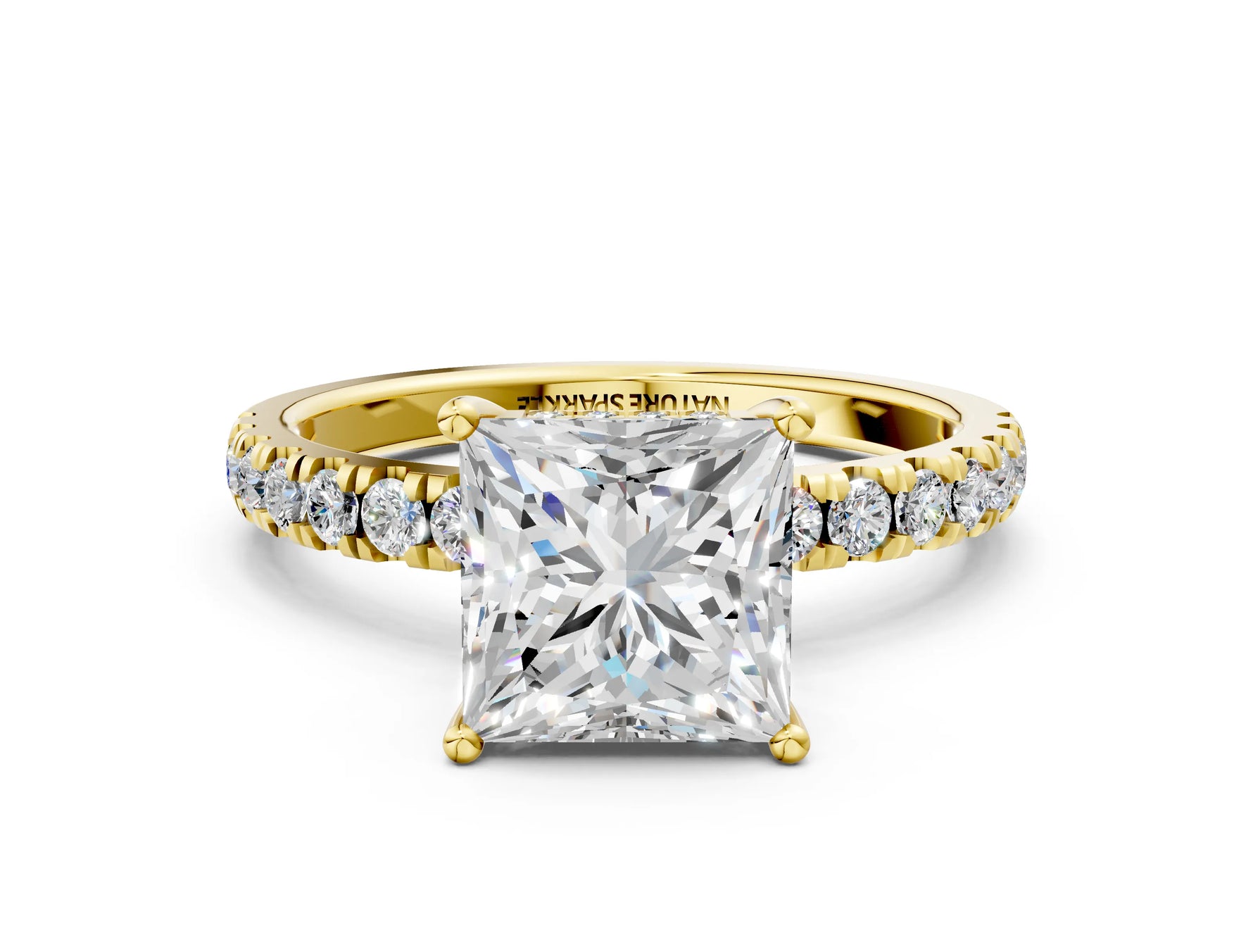 Princess Cut Diamond Hidden Halo Engagement Ring in Yellow gold with Round Pavé Band_18