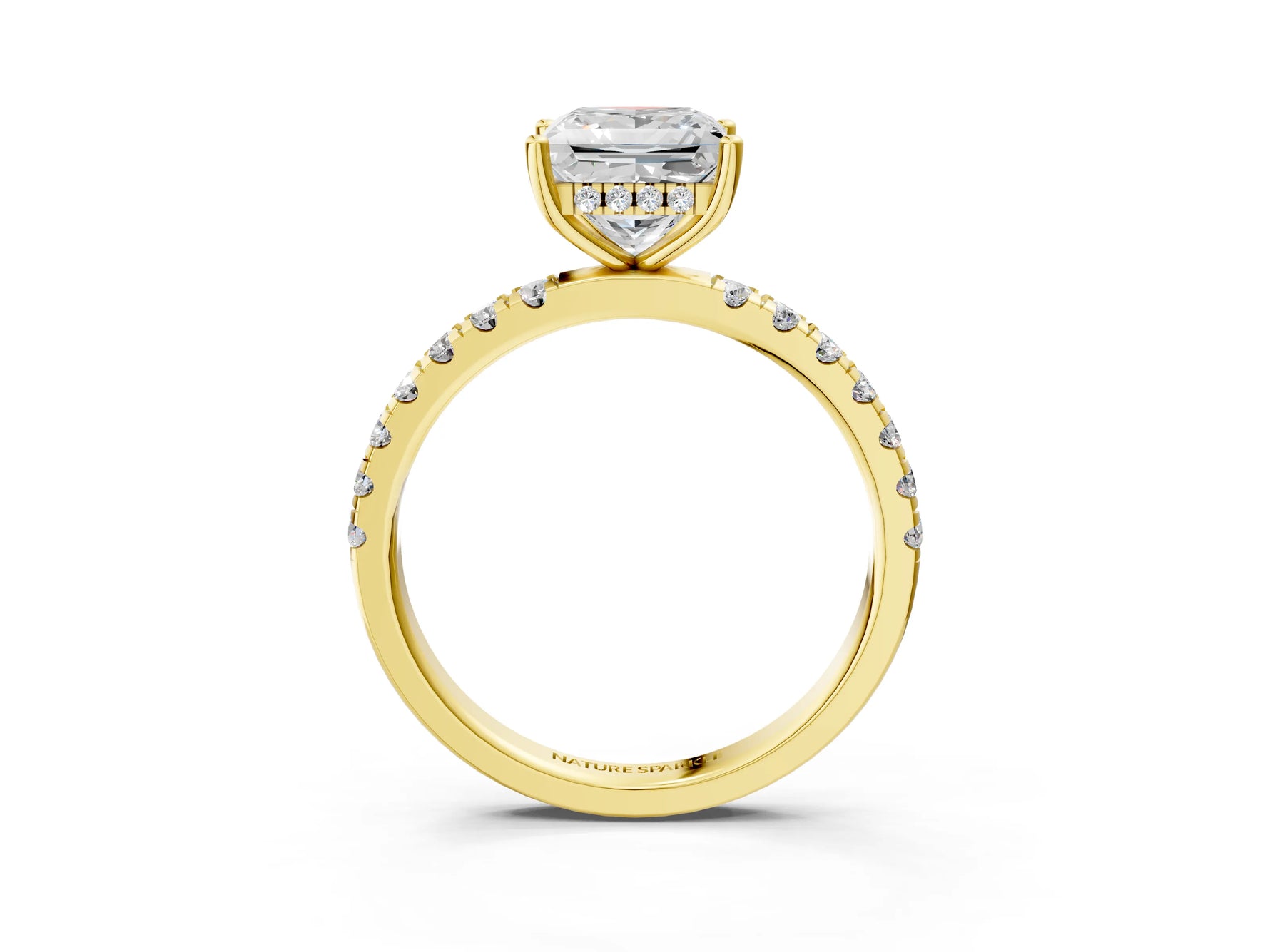 Princess Cut Diamond Hidden Halo Engagement Ring in Yellow gold with Round Pavé Band_21