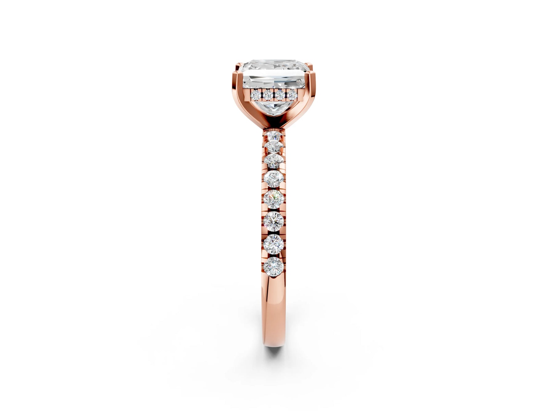 Princess Cut Diamond Hidden Halo Solitaire Ring in Rose gold with Round Pavé Band and Prong Setting_38