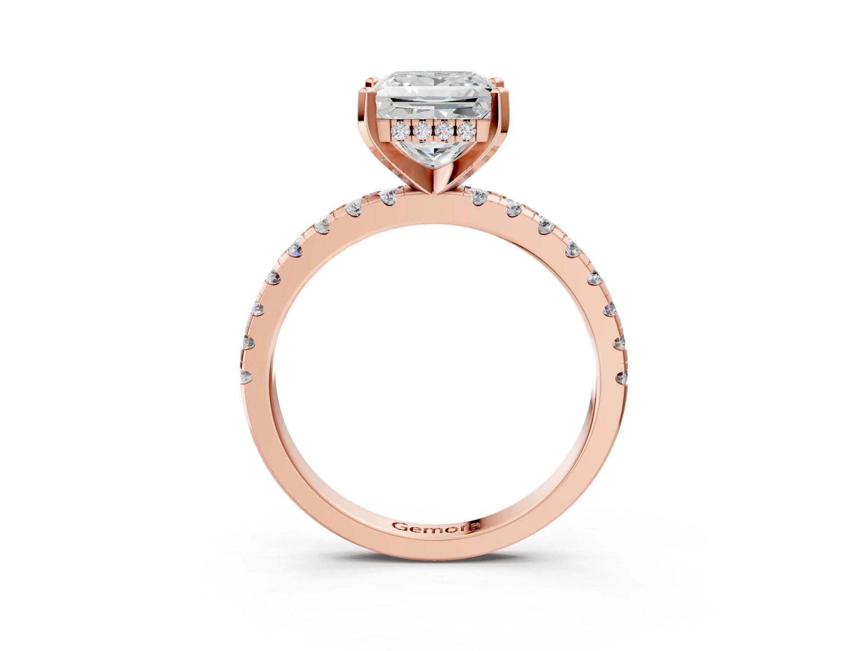 Princess Cut Diamond Hidden Halo Solitaire Ring in Rose gold with Round Pavé Band and Prong Setting_39