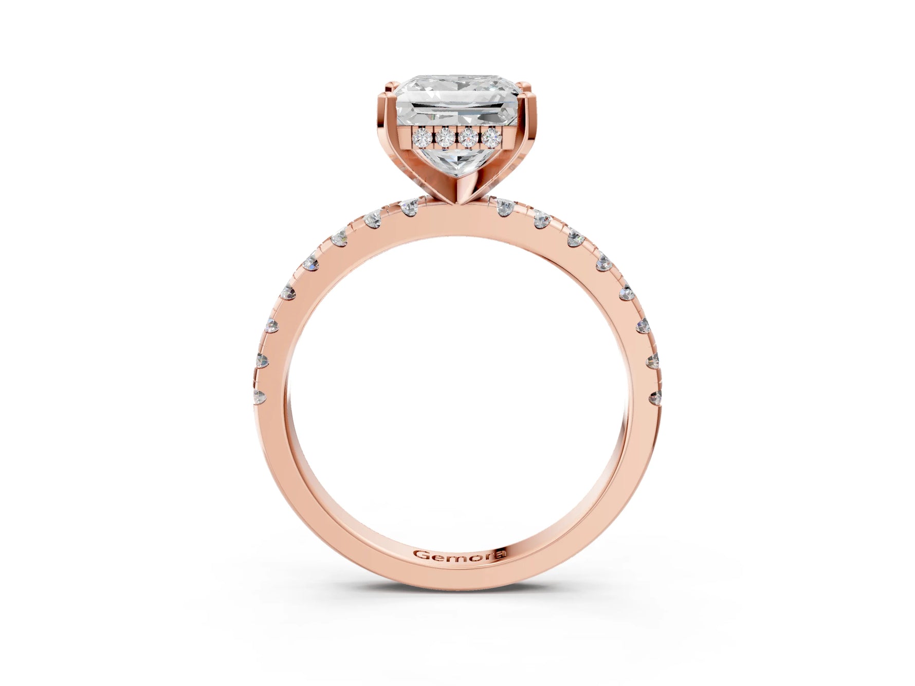 Princess Cut Diamond Hidden Halo Solitaire Ring in Rose gold with Round Pavé Band and Prong Setting_45