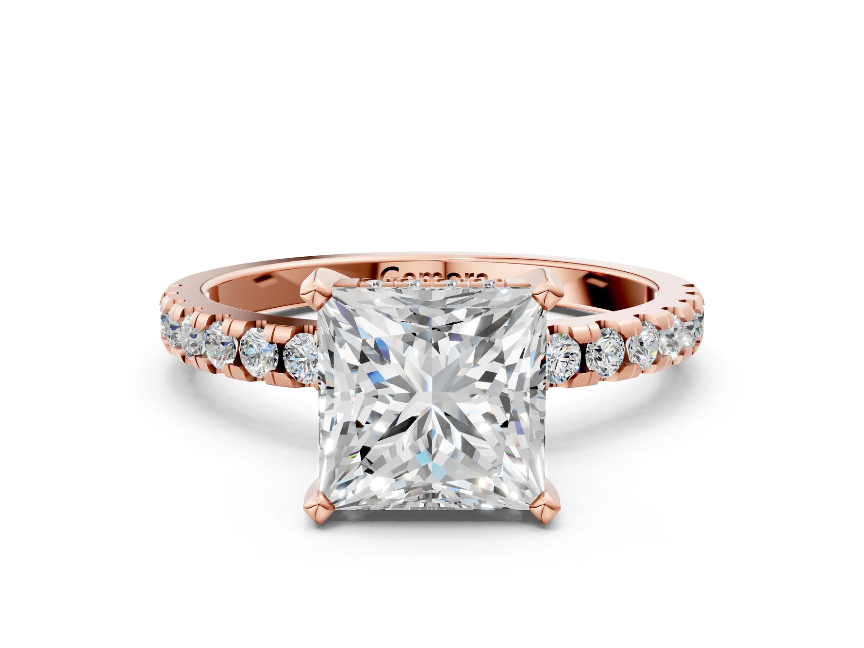 Princess Cut Diamond Hidden Halo Solitaire Ring in Rose gold with Round Pavé Band and Prong Setting_48