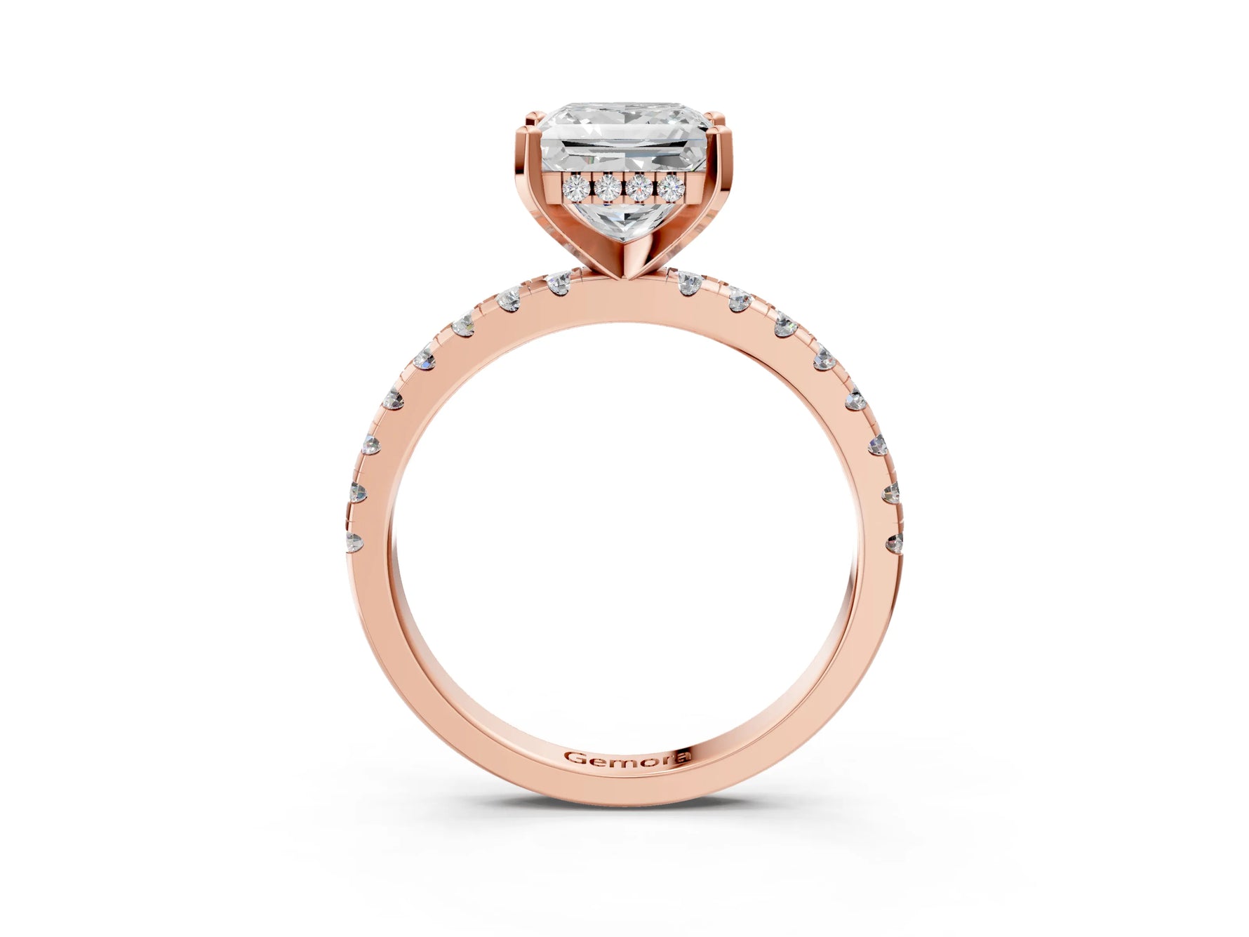 Princess Cut Diamond Hidden Halo Solitaire Ring in Rose gold with Round Pavé Band and Prong Setting_51