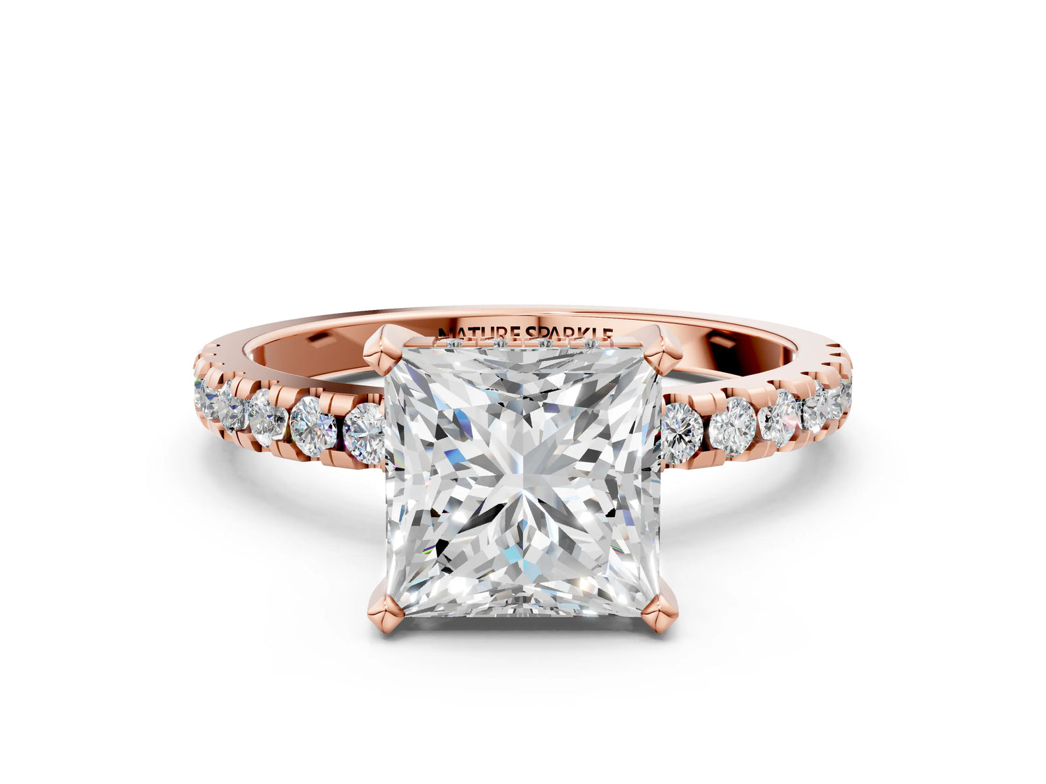 Princess Cut Diamond Hidden Halo Solitaire Ring in Rose gold with Round Pavé Band and Prong Setting_72