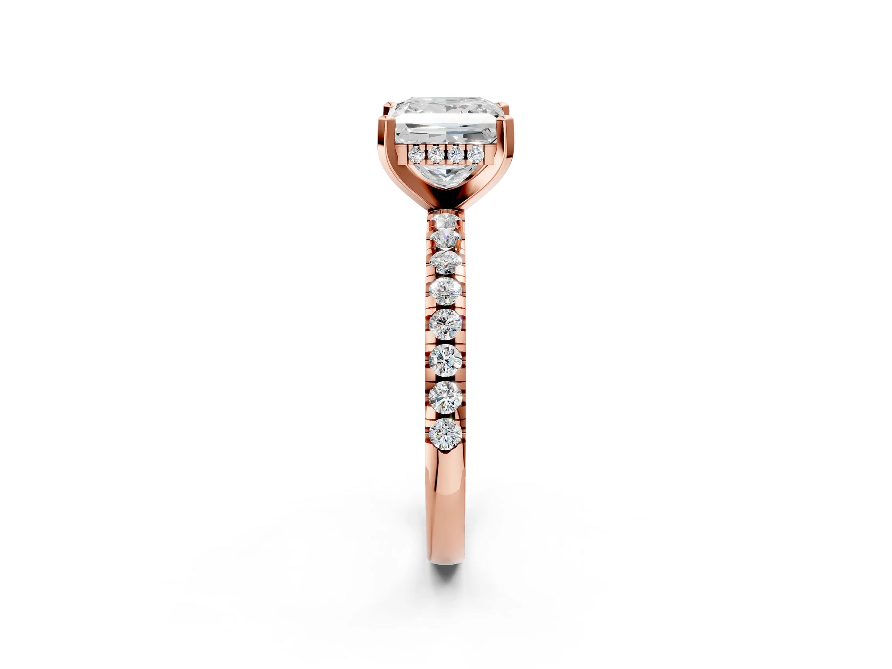 Princess Cut Diamond Hidden Halo Solitaire Ring in Rose gold with Round Pavé Band and Prong Setting_74