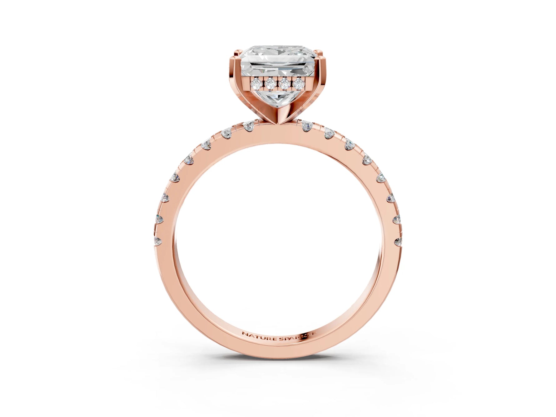 Princess Cut Diamond Hidden Halo Solitaire Ring in Rose gold with Round Pavé Band and Prong Setting_75