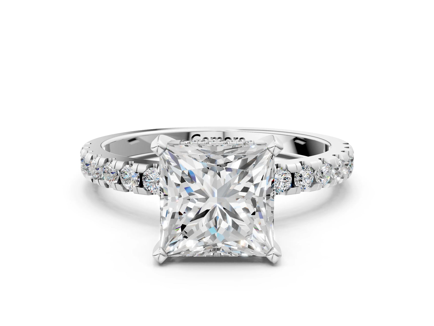 Princess Cut Diamond Hidden Halo Solitaire Ring in White gold with Round Pavé Band and Prong Setting_36
