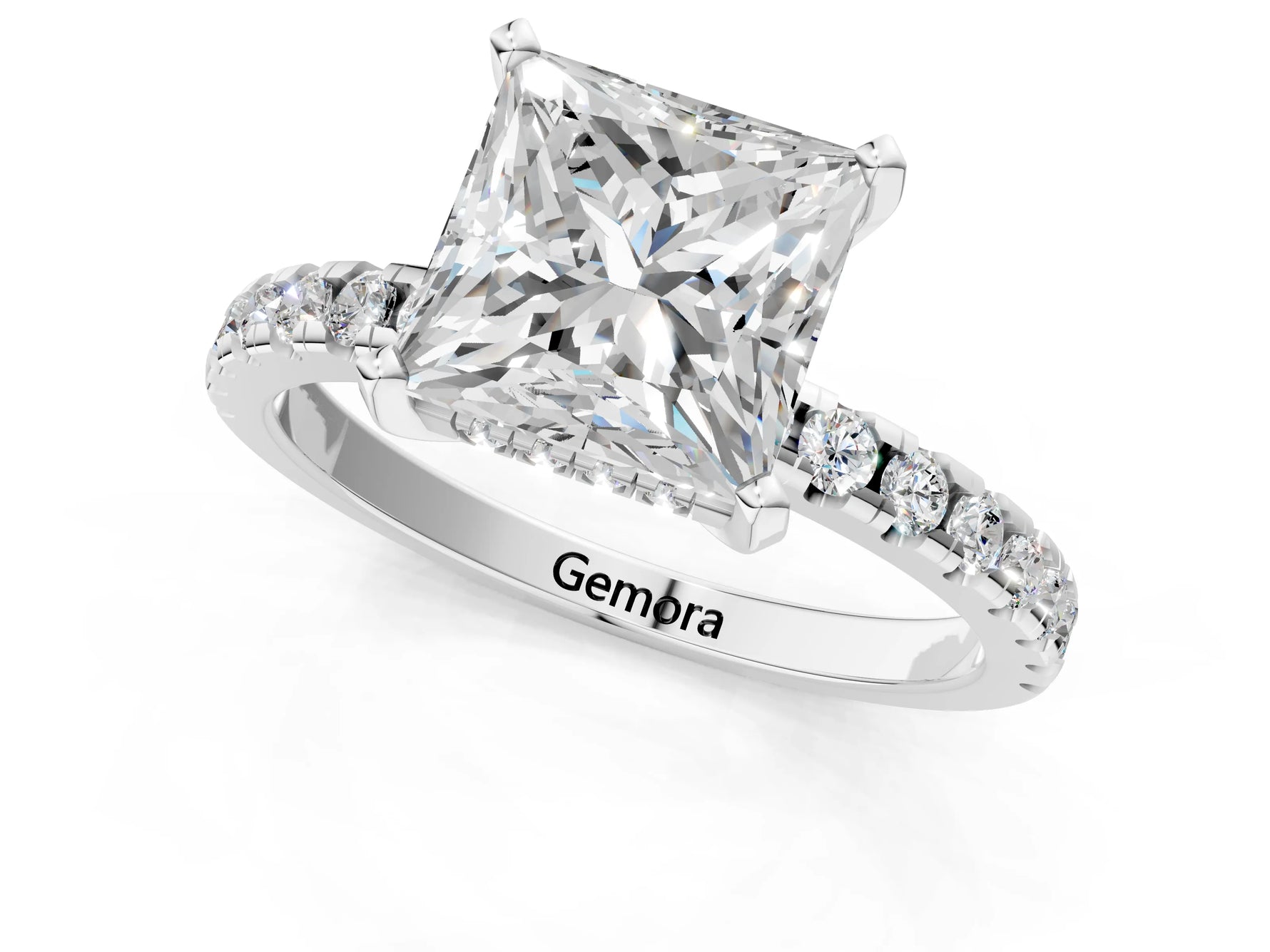 Princess Cut Diamond Hidden Halo Solitaire Ring in White gold with Round Pavé Band and Prong Setting_37