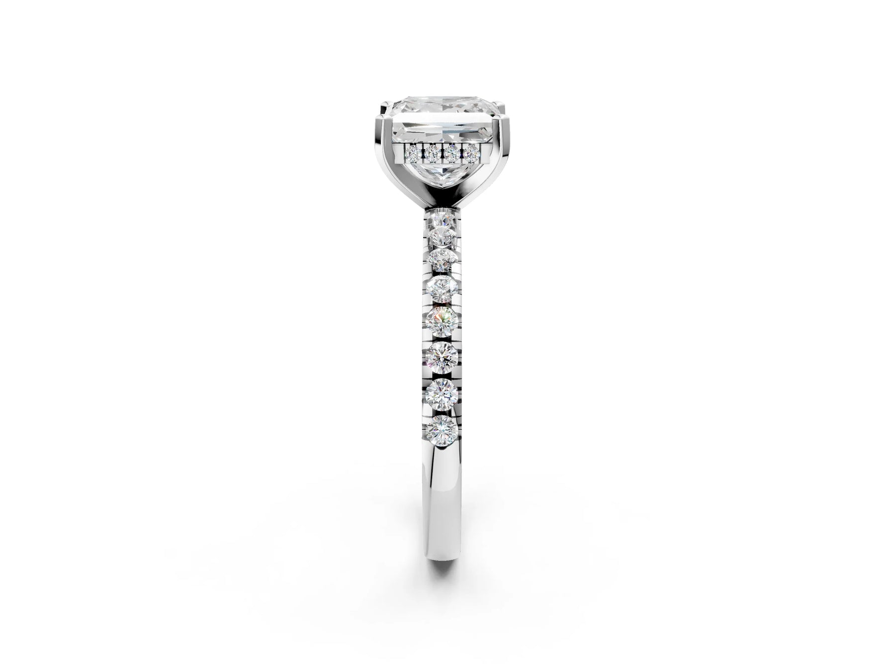 Princess Cut Diamond Hidden Halo Solitaire Ring in White gold with Round Pavé Band and Prong Setting_38