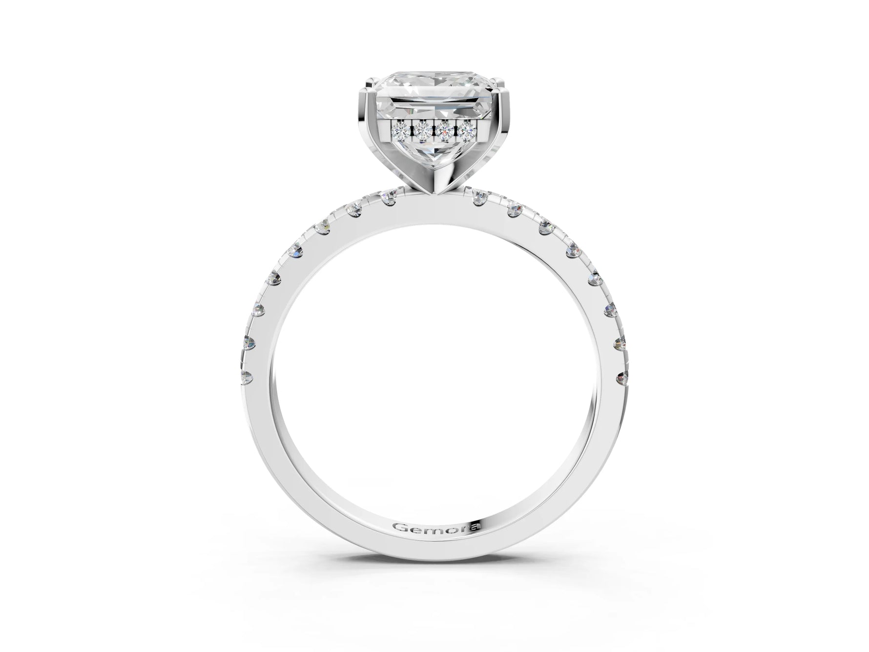 Princess Cut Diamond Hidden Halo Solitaire Ring in White gold with Round Pavé Band and Prong Setting_39