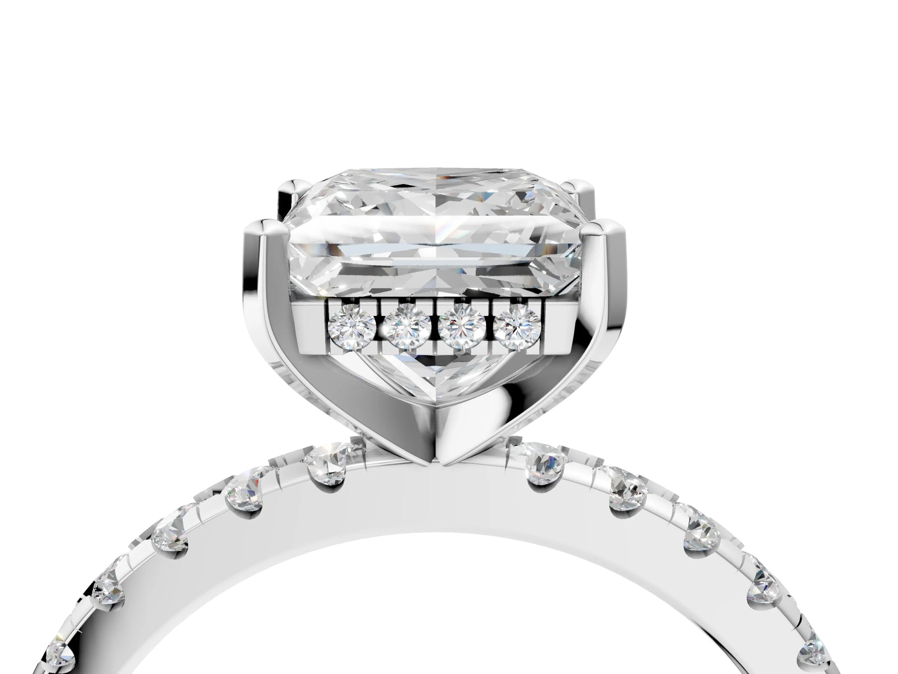 Princess Cut Diamond Hidden Halo Solitaire Ring in White gold with Round Pavé Band and Prong Setting_40